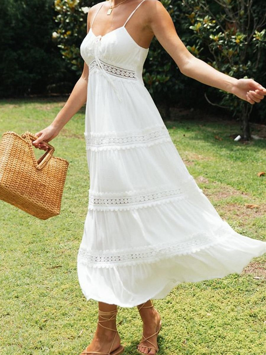 Women's White Lace Wedding Dress Boho Chic Dresses Boho Wedding Guest Dress Long Dress Maxi Dress Backless with Sleeve Date Vacation Beach A Line Strap Sleeveless White Color