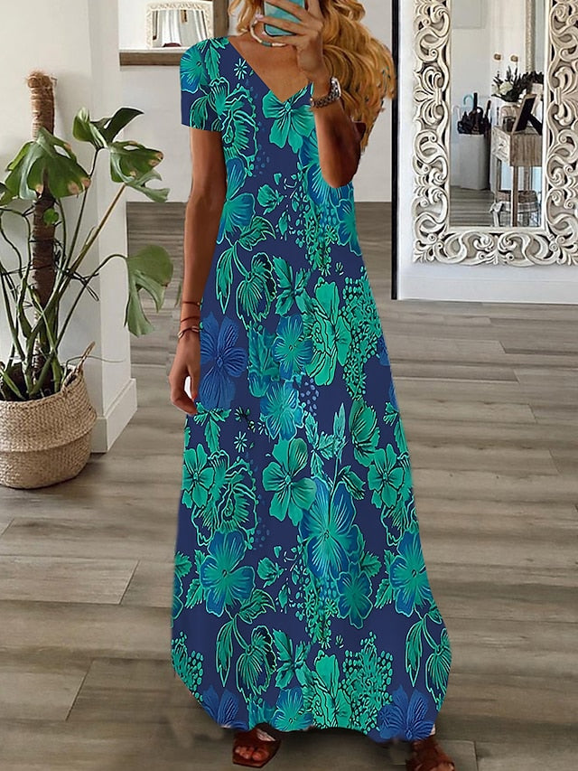 Women's Long Dress Maxi Dress Casual Dress Print Dress Graphic Floral Fashion Modern Daily Holiday Vacation Short Sleeve V Neck Dress Regular Fit White Pink Wine Summer Spring S M L XL 2XL 3XL 4XL 5XL - LuckyFash™