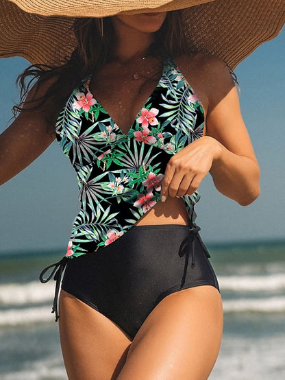 Women's Swimwear Tankini 2 Piece Normal Swimsuit High Waisted Floral Print Leaves Leaf Floral Green Blue Padded V Wire Bathing Suits Sports Vacation Sexy / New - LuckyFash™