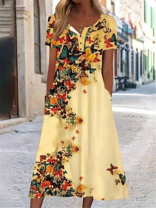 Women's Casual Dress Summer Dress Print Dress Floral Butterfly Ruched Button Split Neck Midi Dress Fashion Streetwear Outdoor Daily Short Sleeve Regular Fit Black White Yellow Summer Spring S M L XL - LuckyFash™