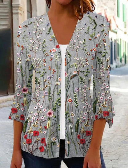 Women's Shirt Blouse Floral Graphic Casual Print White 3/4 Length Sleeve Basic V Neck