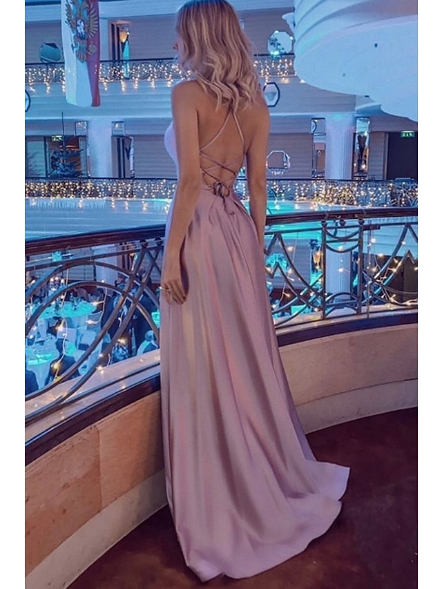 A-Line Prom Dresses Sexy Dress Formal Sweep / Brush Train Sleeveless Strapless Stretch Satin Backless with Pleats Slit 2023 - LuckyFash™