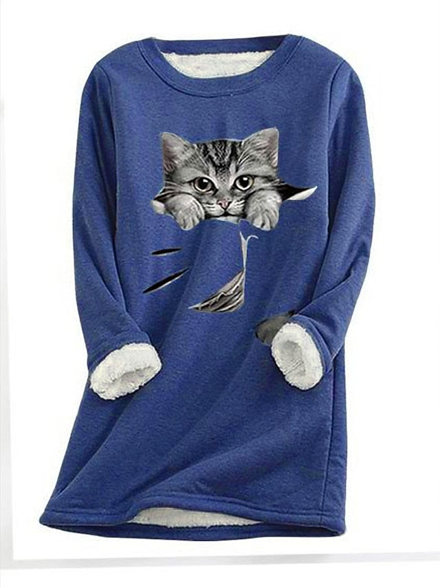 Women's Sweatshirt Pullover Sherpa Fleece Teddy Denim Blue Black White Cat Street Round Neck Plus Size Long Sleeve - LuckyFash™