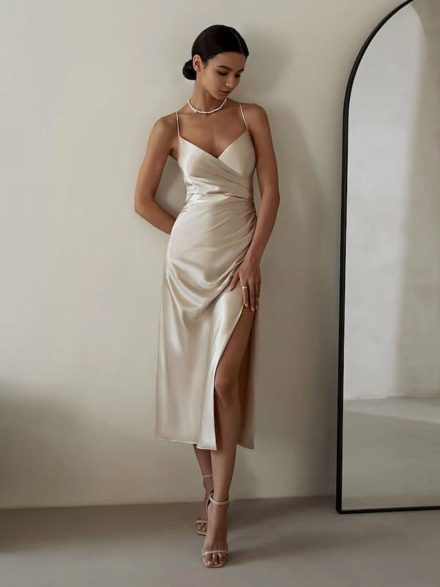 Womenâ€˜s Satin Dress Midi Dress Champagne Sleeveless Pure Color Split Ruched Spring Summer V Neck Stylish Elegant Sexy 2022 S M L XL - LuckyFash™