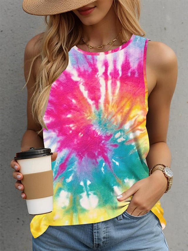 Women's Tank Top Tie Dye Vest Black Sleeveless Crew Neck Casual Vacation Stylish Summer