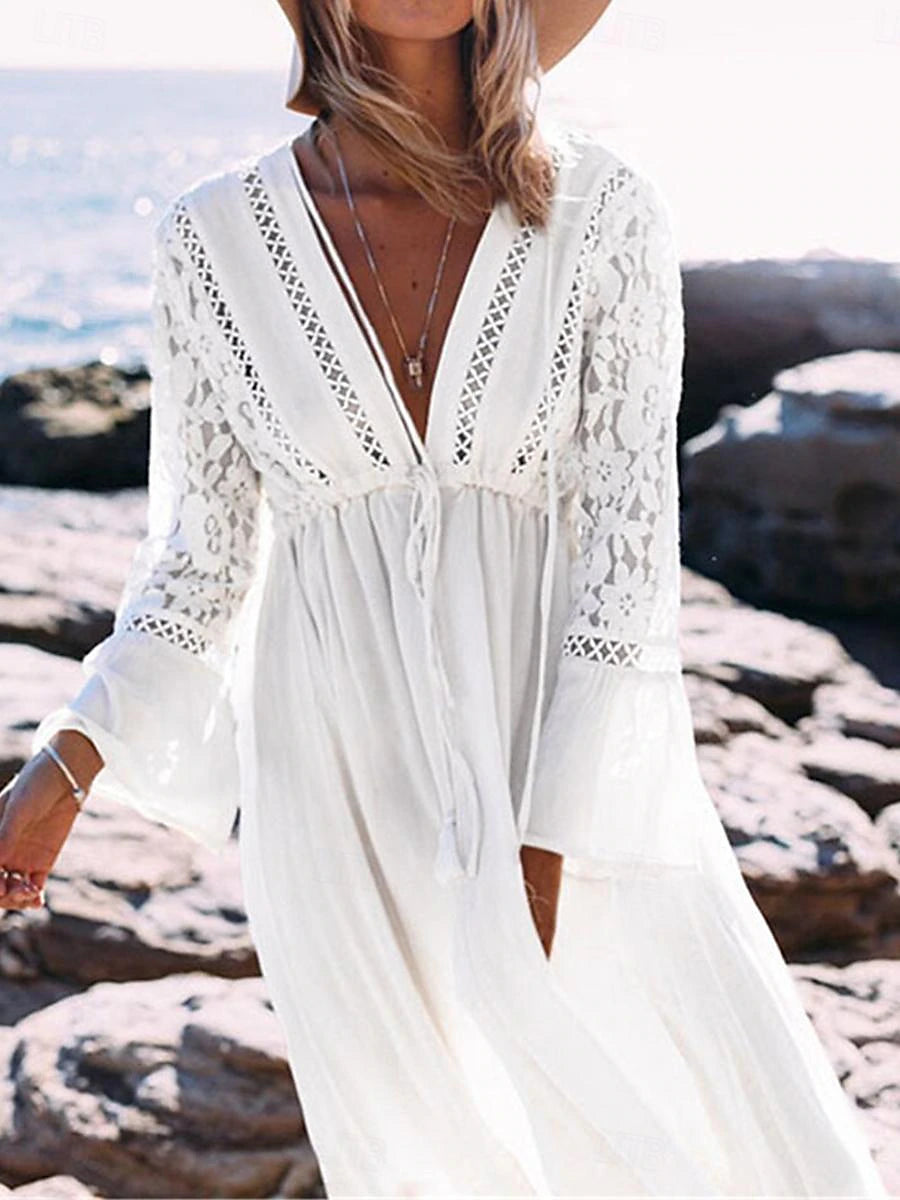 Women's White Dress Casual Dress Swing Dress Long Dress Maxi Dress Lace Patchwork Vacation Beach Streetwear Maxi V Neck 3/4 Length Sleeve Black White Color