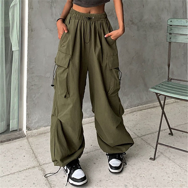 Women‘s Cargo parachute pants Wide Leg Trousers Baggy Full Length Baggy Micro-elastic High Waist Fashion Casual Daily ArmyGreen Black S M Spring & Fall