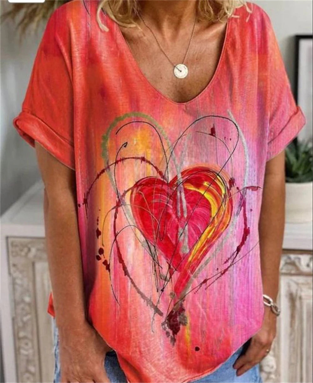 Women's T shirt Tee Heart Valentine Weekend Print Red Long Sleeve Fashion V Neck Spring &  Fall