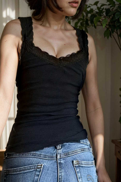 sexy contrast lace deep v neck sleeveless slim tank top 106888