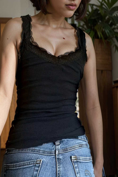 sexy contrast lace deep v neck sleeveless slim tank top 105381
