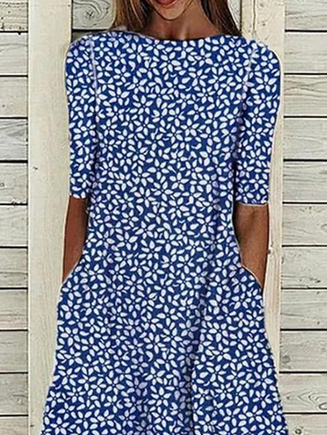 Women's Casual Dress Shift Dress Midi Dress Blue Half Sleeve Floral Loose Spring Summer Crew Neck Basic 2023 3XL - LuckyFash™