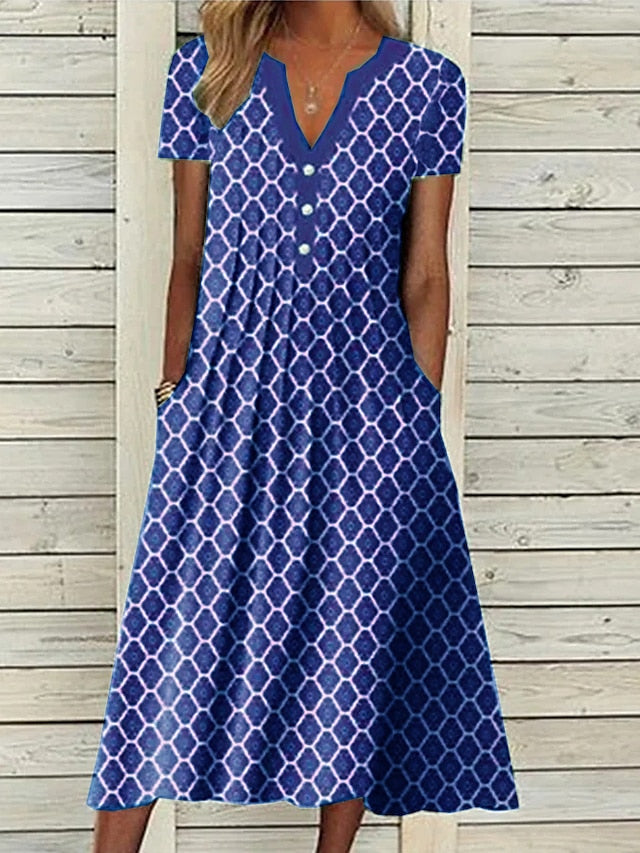 Women's Casual Dress Shift Dress Midi Dress Green Short Sleeve Geometric Ruched Fall Spring Summer V Neck Basic Daily Vacation Summer Dress Loose Fit 2023 S M L XL XXL 3XL
