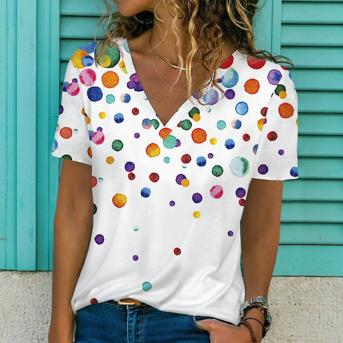 Women's T shirt Tee White Graphic Polka Dot Print Short Sleeve Casual Daily Basic Vintage Beach V Neck Regular Painting S