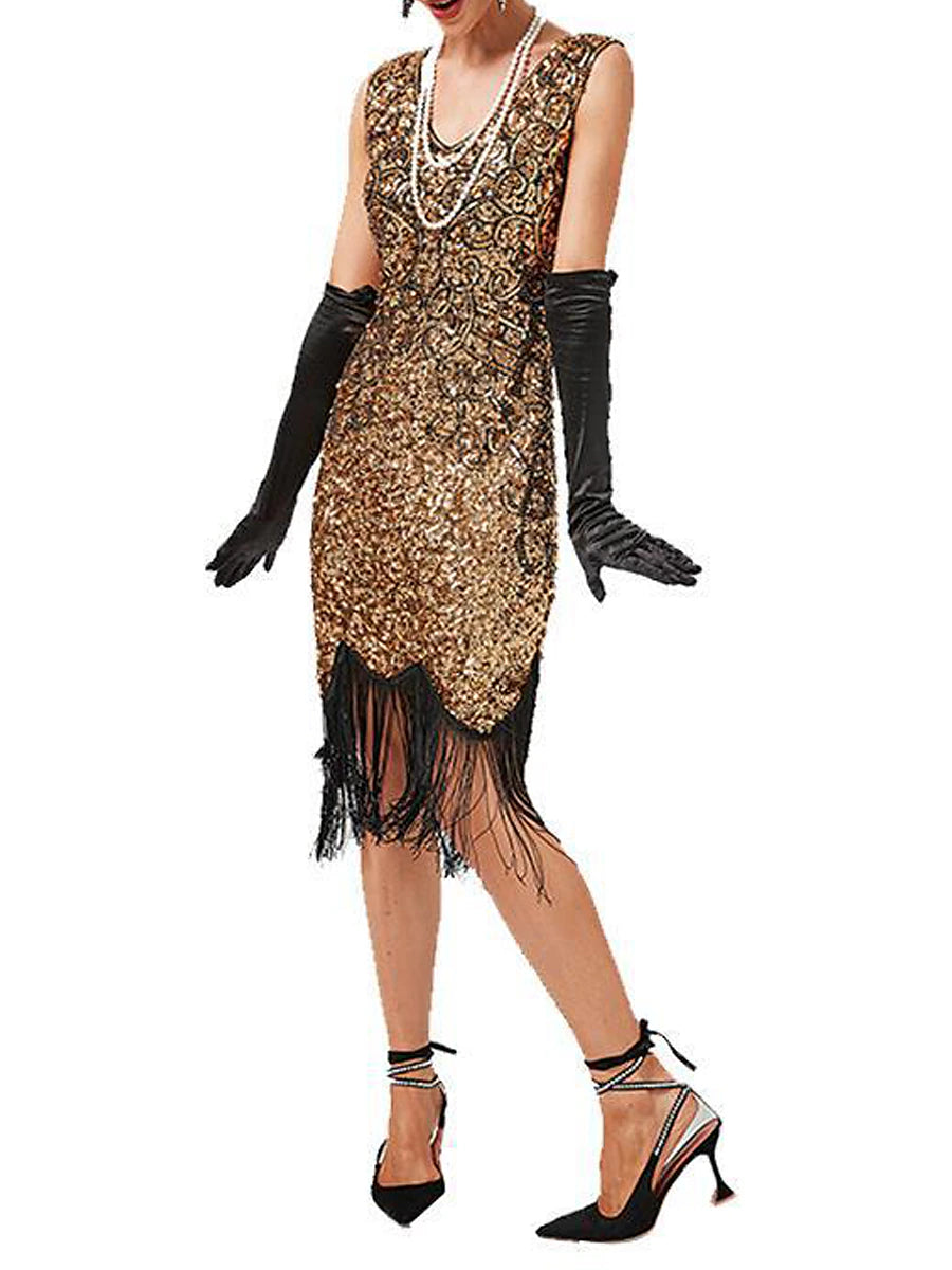 Women's Sequins Tassel Fringe Sequin Dress Midi Dress Elegant Floral V Neck Sleeveless Party Halloween Spring Fall Black Pink