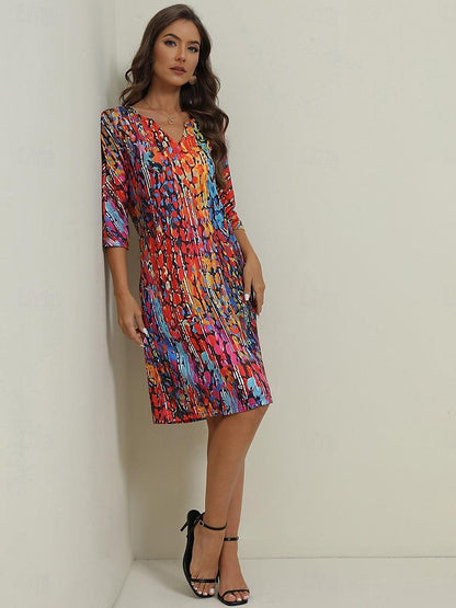 Women's Shift Dress Color Block Print Split Neck Midi Dress Daily Date Half Sleeve Summer Spring