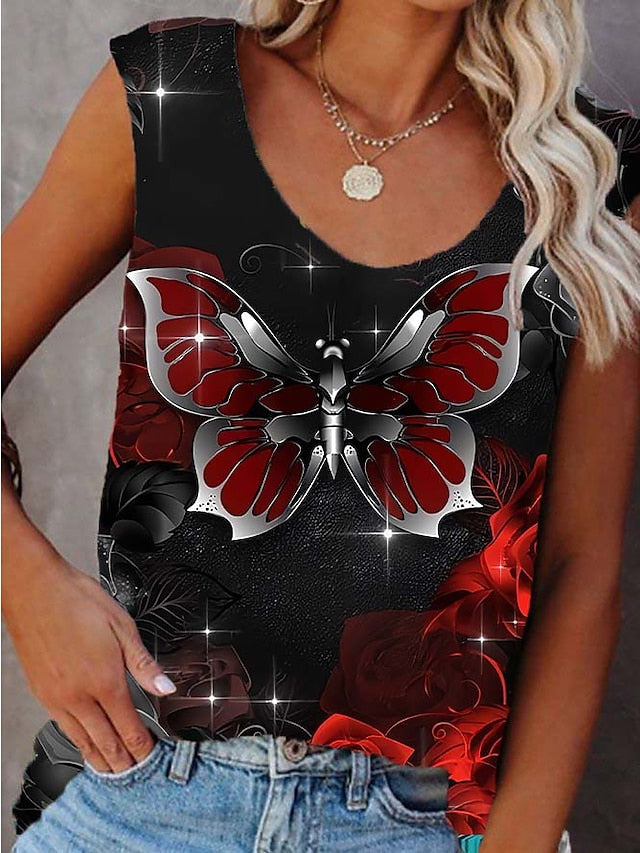 Women's Tank Top Graphic Butterfly Casual Print Red Sleeveless Basic V Neck