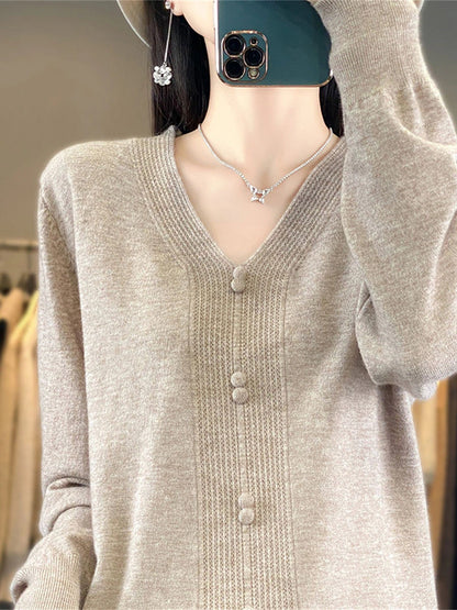 Women's Pullover Sweater Jumper V Neck Ribbed Knit Cotton Button Fall Winter Short Daily Going out Weekend Stylish Casual Soft Long Sleeve Solid Color Golden camel GH purple GH camel S M L