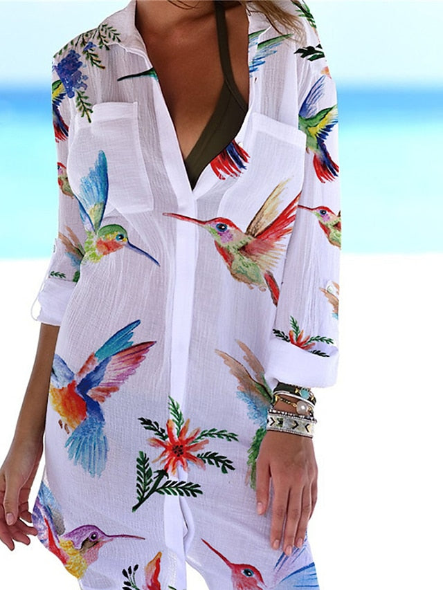 Women's Shirt Dress Cover Up Beach Wear Mini Dress Pocket Print Fashion Casual Floral Turndown 3/4 Length Sleeve Loose Fit Outdoor Daily White Yellow 2023 Summer Spring S M L XL