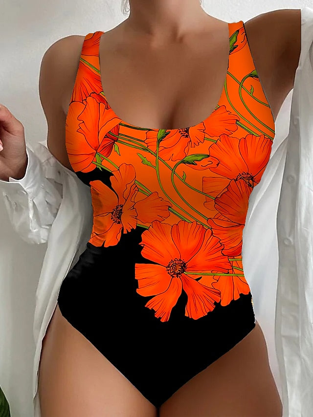 Women's Swimwear One Piece Normal Swimsuit Printing Floral Pink Red Blue Bodysuit Bathing Suits Sports Beach Wear Summer - LuckyFash™