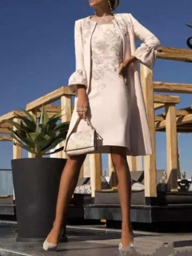 Two Piece Sheath / Column Mother of the Bride Dress Church Plus Size Elegant Jewel Neck Knee Length Lace Stretch Fabric Short Sleeve Jacket Dresses with Appliques 2023 - LuckyFash™