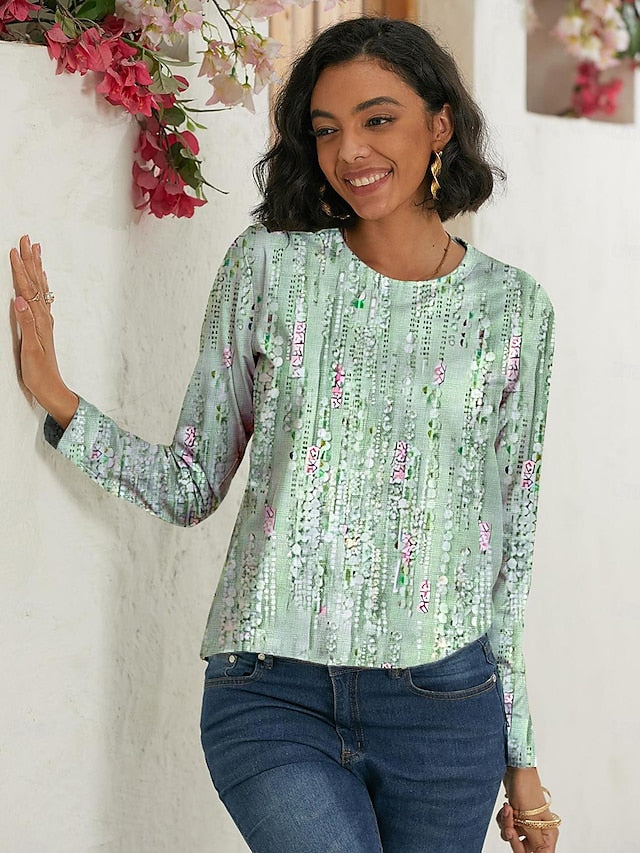 Women's T shirt Tee Floral Holiday Weekend Print Light Green Long Sleeve Basic Round Neck Fall & Winter