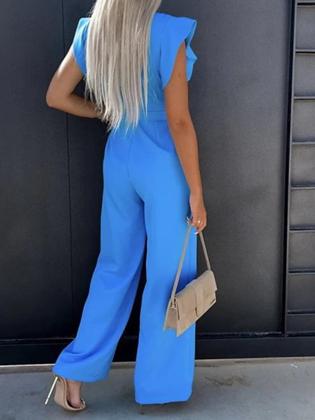 Women's Jumpsuit Lace up Ruffle Solid Color Round Neck Elegant Party Going out Regular Fit Short Sleeve White Blue Pink S M L Spring - LuckyFash™