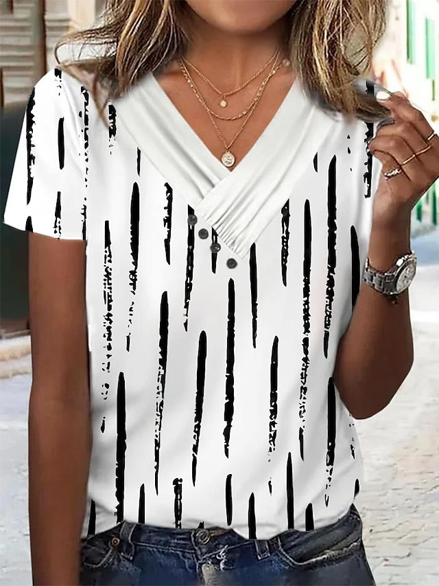 Women's T shirt Tee Graphic Daily Weekend Button Print Black Short Sleeve Elegant Fashion Basic V Neck