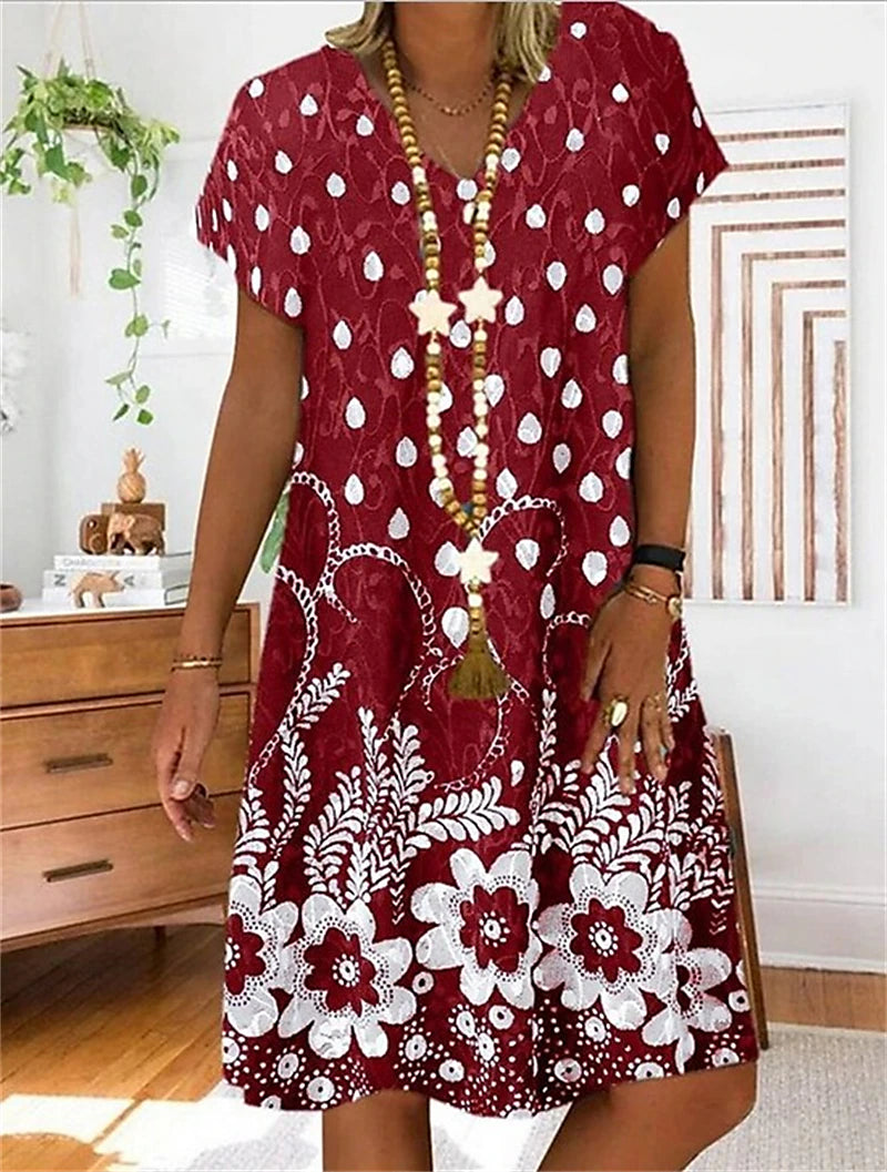 Women's Shift Dress Floral Print V Neck Midi Dress Basic Daily Short Sleeve Summer Spring