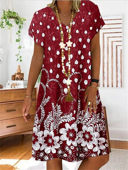 Women's Shift Dress Floral Print V Neck Midi Dress Basic Daily Short Sleeve Summer Spring