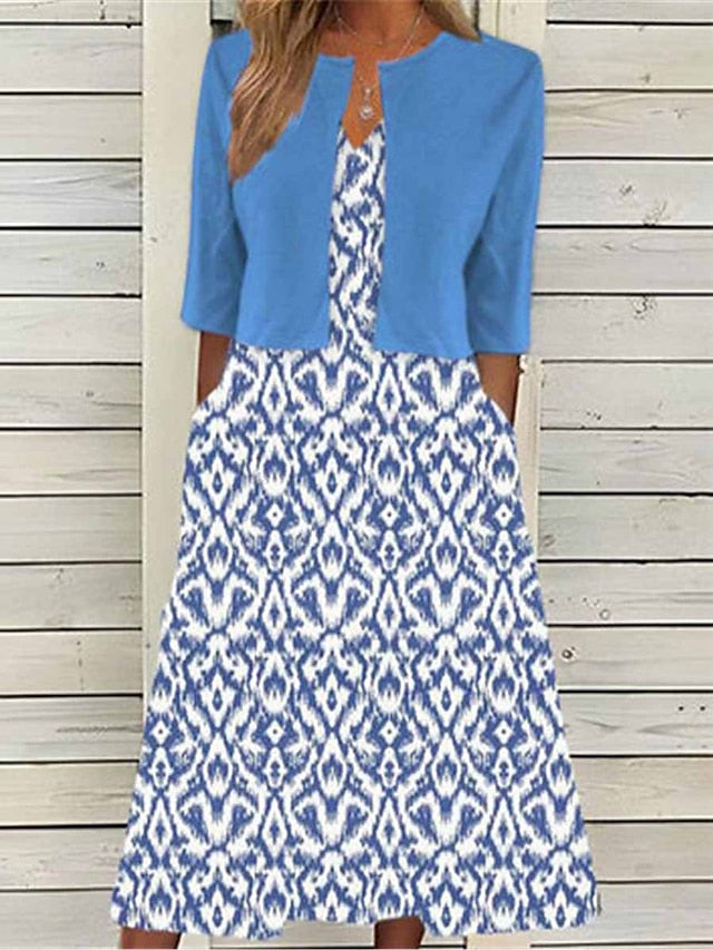 Women's Two Piece Dress Set Casual Dress Print Dress Outdoor Daily Elegant Fashion Pocket Print Midi Dress V Neck Half Sleeve Geometric Regular Fit Blue Green Summer Spring S M L XL XXL