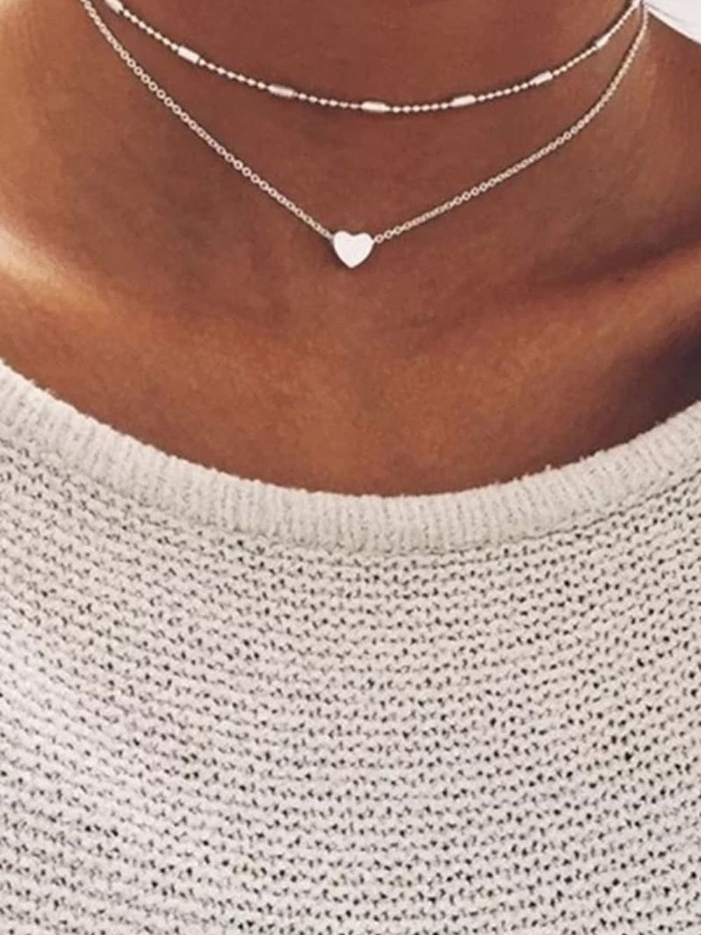 Silver Valentine Heart Shaped Layered Chain Necklace