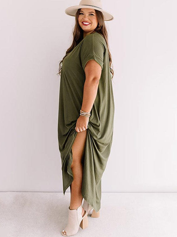 Simple Loose Fit V-Neck Short Sleeve Plus Size Long Dress