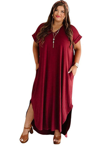 Simple Loose Fit V-Neck Short Sleeve Plus Size Long Dress