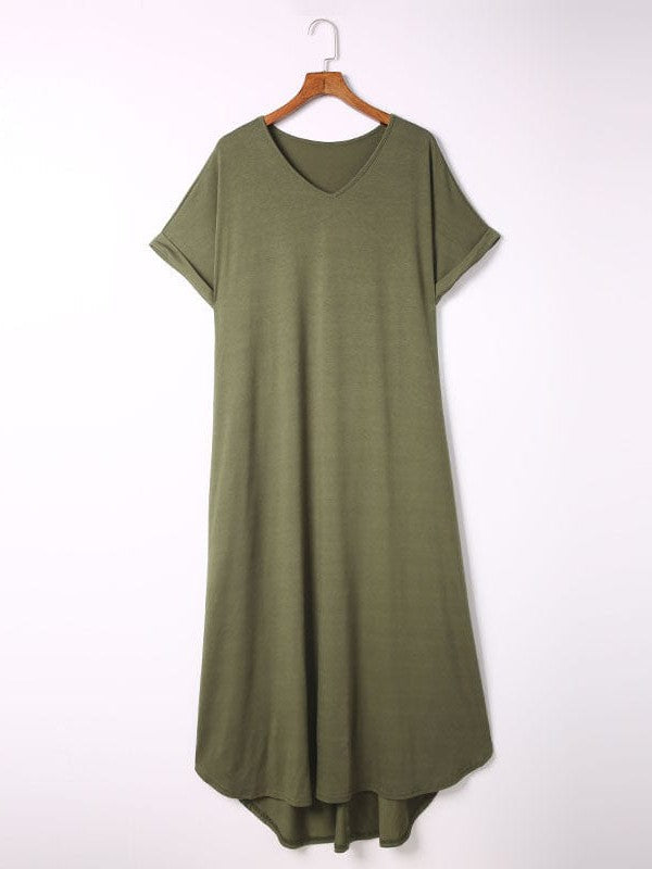 Simple Loose Fit V-Neck Short Sleeve Plus Size Long Dress