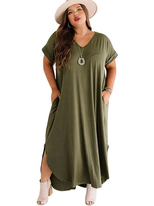 Simple Loose Fit V-Neck Short Sleeve Plus Size Long Dress