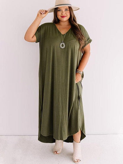 Simple Loose Fit V-Neck Short Sleeve Plus Size Long Dress