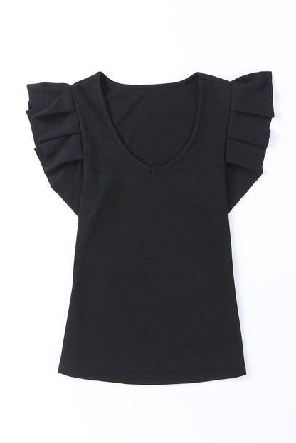 Simple Round Neck Pleated Short Sleeve T-Shirt -Circular Cap - Drop Shoulder - Scoop - Jewel - Closed