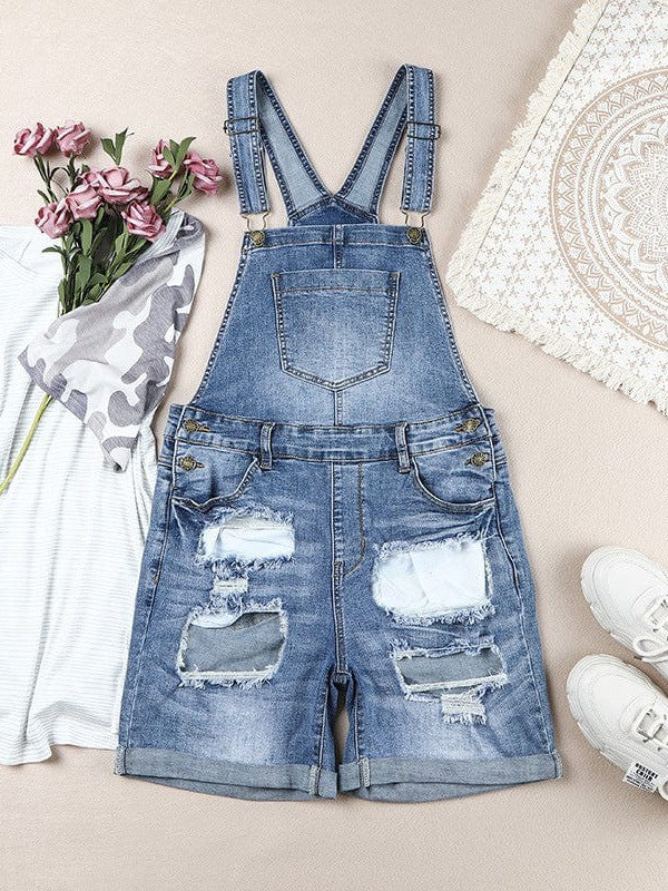 Simple Style Sky Blue Ripped Denim Overalls with Cute Wind Sleeves