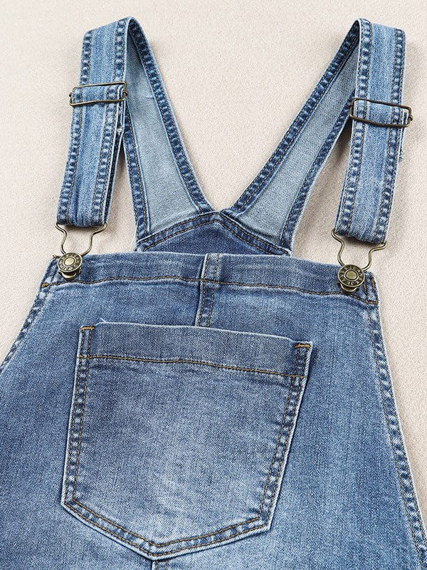 Simple Style Sky Blue Ripped Denim Overalls with Cute Wind Sleeves