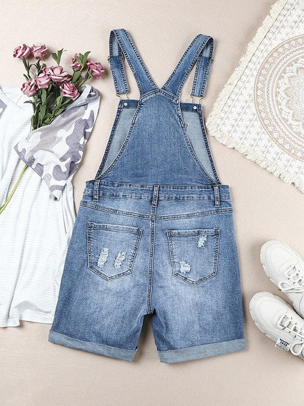 Simple Style Sky Blue Ripped Denim Overalls with Cute Wind Sleeves