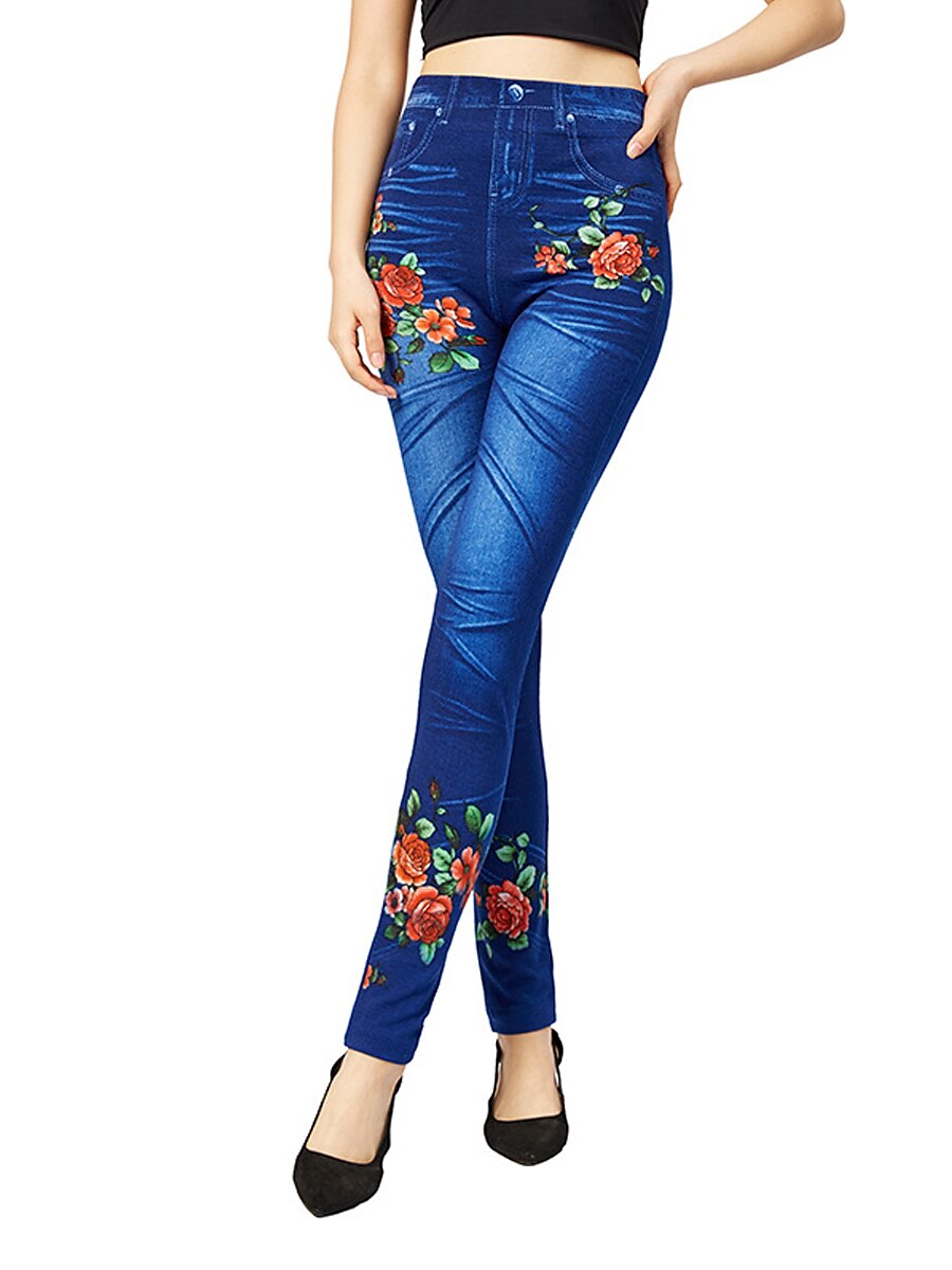 Women's Slim Polyester Floral Blue Fashion High Waist Full Length Street Causal Summer Fall