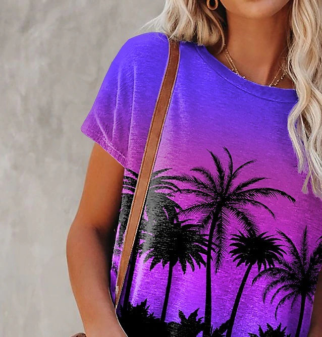 Women's T shirt Tee Plants Casual Holiday Going out Print Purple Short Sleeve Hawaiian Basic Holiday Round Neck