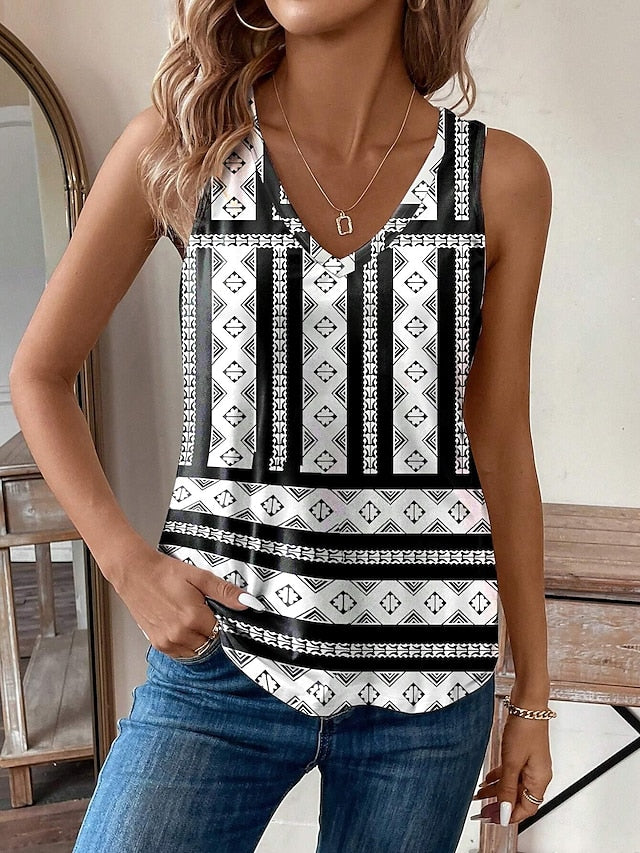 Women's Tank Top Vest Geometric Vacation Print Black Sleeveless Vintage Ethnic Boho V Neck Summer