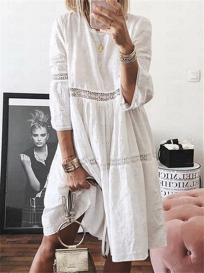 Women's White Dress Lace Dress Casual Dress Midi Dress Cotton with Sleeve Date Basic Crew Neck 3/4 Length Sleeve White Yellow Purple Color