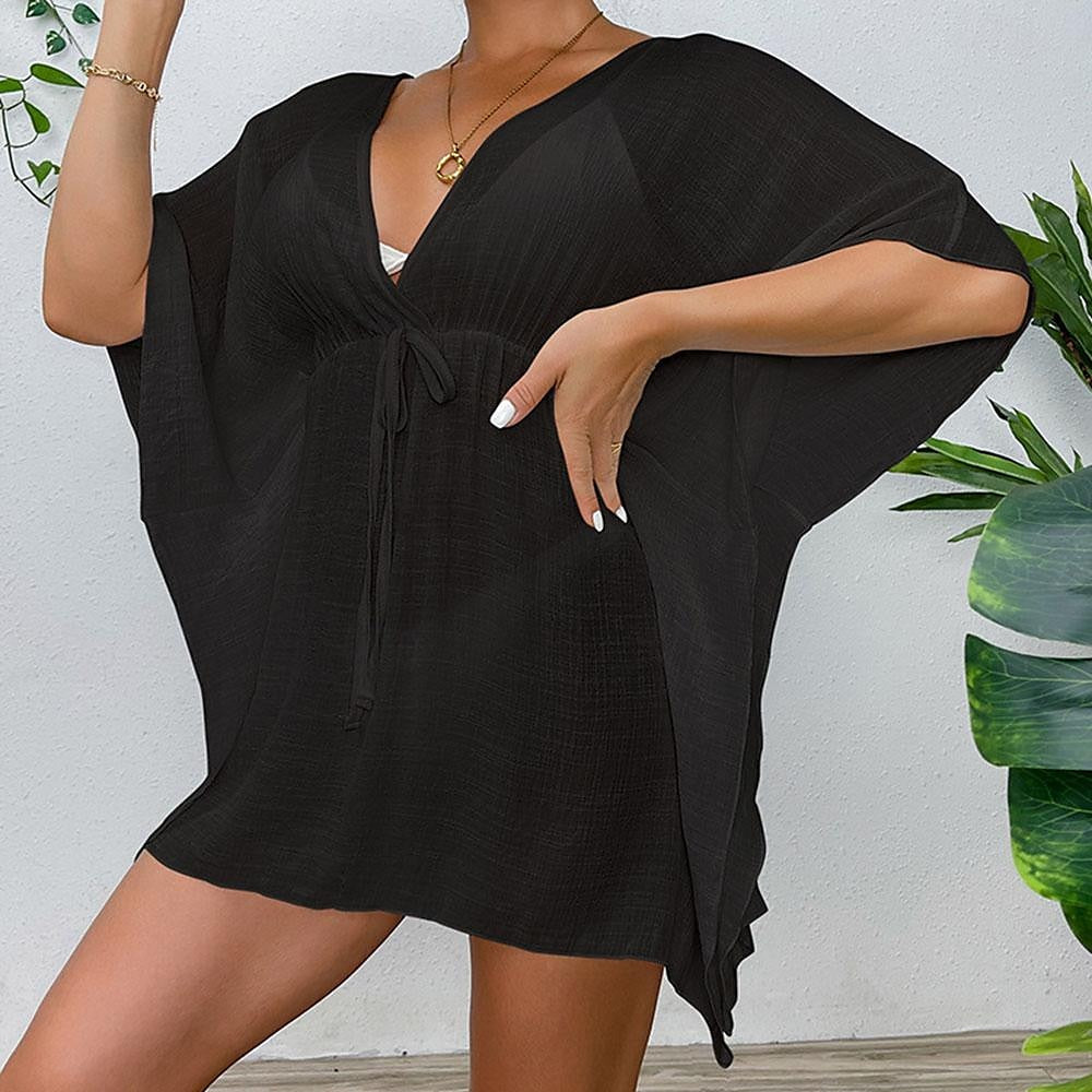 Women's Summer Dress Cover Up Drawstring Beach Wear Holiday Long Sleeve Black White Blue Color