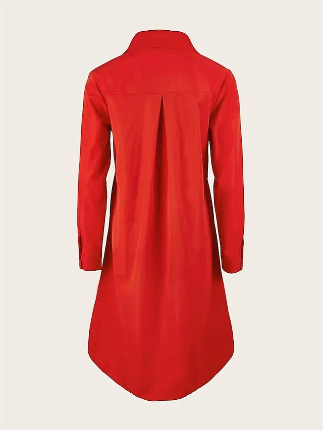 Women's Shirt Dress Casual Dress Shift Dress Midi Dress Outdoor Winter Dress Daily Polyester Elegant Casual Shirt Collar Pocket Rolled Cuff Long Sleeve Summer Winter Fall Spring 2023 Loose Fit Red - LuckyFash™