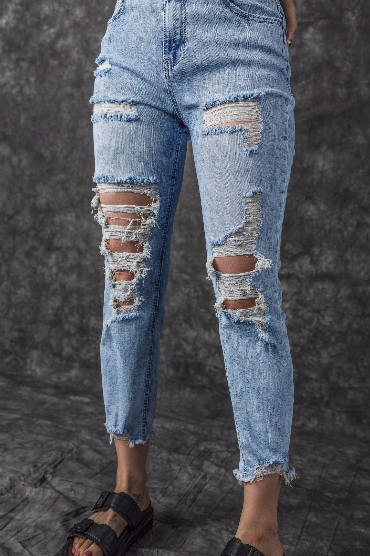 Sky Blue Acid Wash Distressed Slim Fit Jeans