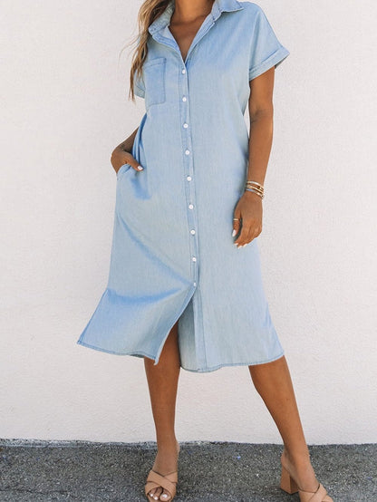 Sky Blue Chambray Midi Dress with Short Sleeves