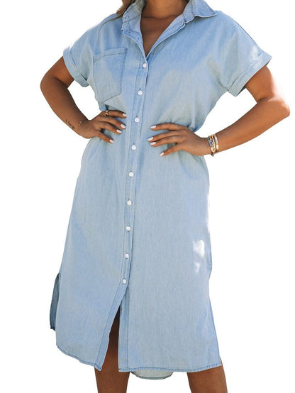 Sky Blue Chambray Midi Dress with Short Sleeves