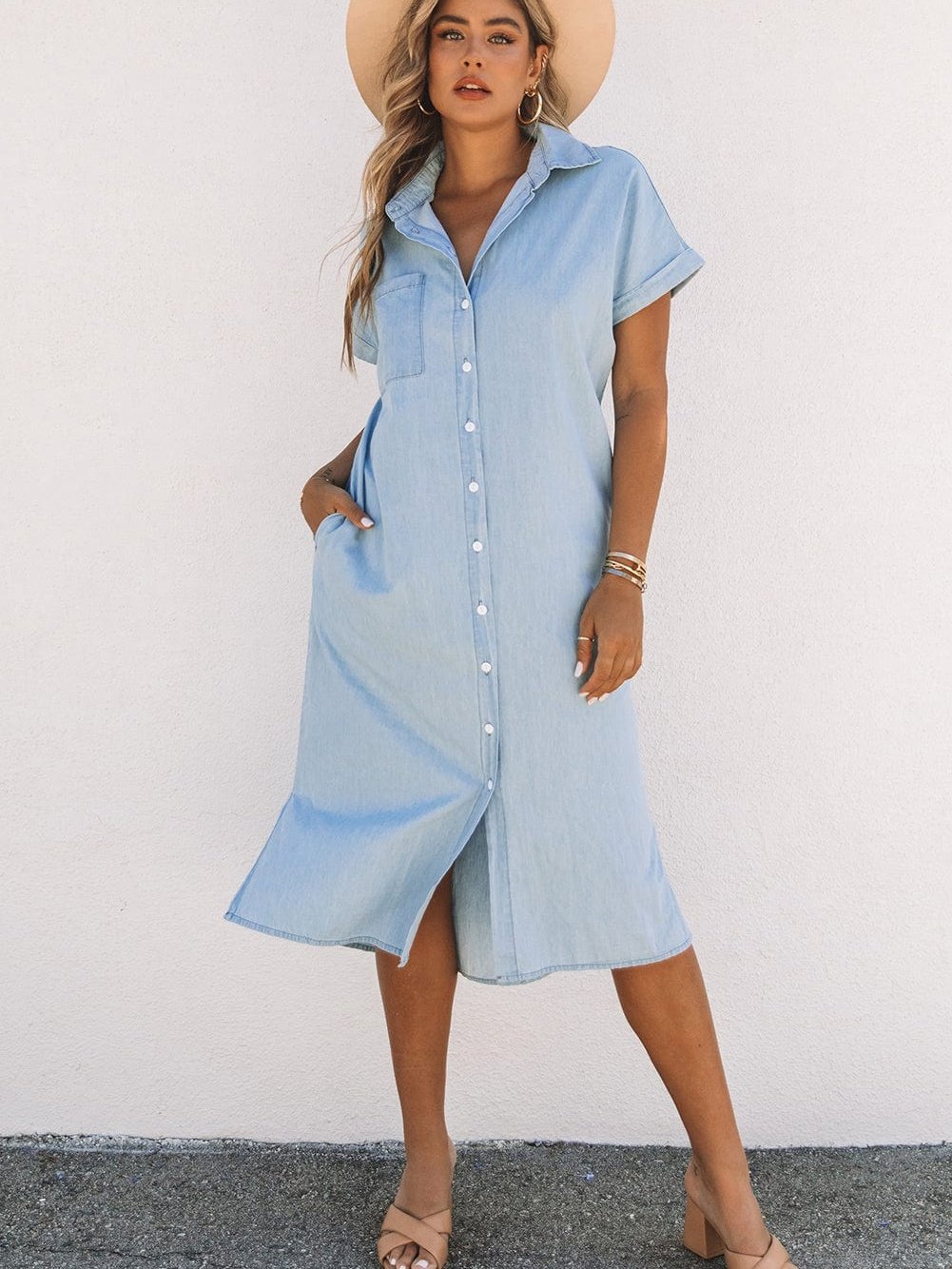 Sky Blue Chambray Midi Dress with Short Sleeves